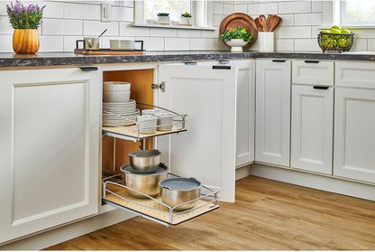 Rev-A-Shelf 2 Tier Pull Out Kitchen Cabinet Storage Organizer with Solid Bottom & Undermount Soft-Close Full Extension Slides, Min Opening Width of 14", 54BK-15SC-2-1