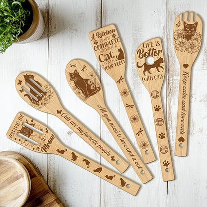 CUTHOLLOW 6PCS Cat and Flower Wooden Kitchen Cooking Utensil Set, 11.9in Non Toxic Bamboo Wood Spoon Set for Cooking, Best Housewarming Birthday Thanksgiving Christmas Gift for Women Mother