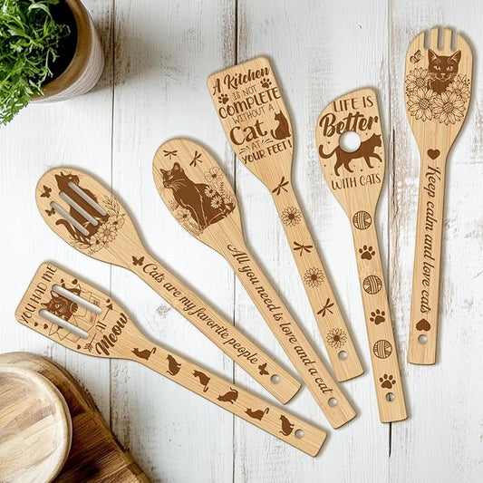 CUTHOLLOW 6PCS Cat and Flower Wooden Kitchen Cooking Utensil Set, 11.9in Non Toxic Bamboo Wood Spoon Set for Cooking, Best Housewarming Birthday Thanksgiving Christmas Gift for Women Mother