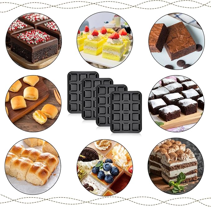 4 Pack Brownie Pan, 12 Cavity All Edges Square Cupcake Brownie Pans Mini Cake Non-stick Bakeware for Bread Loaf Cake Cookie Oven, Heavy Duty Carbon Steel Mini Muffin Pan