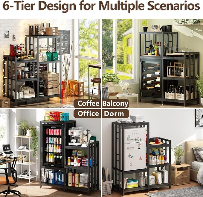 METYERRY 6-Tier Adjustable Mini Fridge Cabinet With Power Outlet,Kitchen Bakers Rack With storage,Mini Fridge And Microwave Stand,Coffee Bar, Free Standing Shelf for Kitchen, Home Office,Balcony,Black