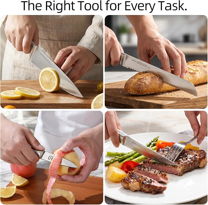 KnifeSaga Kitchen Knife Set with Block and Sharpener | 12-Piece Premium High Carbon Stainless Steel Knife Block Set, Ergonomic Anti-Slip Handle, Rubberwood Knife Block