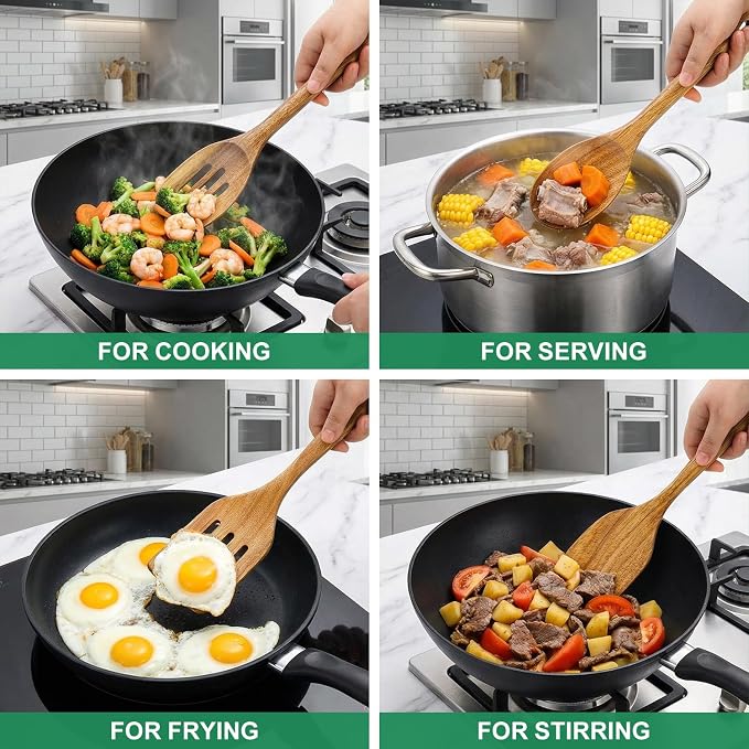 Acacia Wooden Cooking Utensils Kitchen Spatula Wood Slotted Spoons for Cooking Turner Non Toxic Serving Utensils Set Large Stirring Mixing Spoon Kitchen Tool Gadgets Wood Spatula for Cooking Spoons