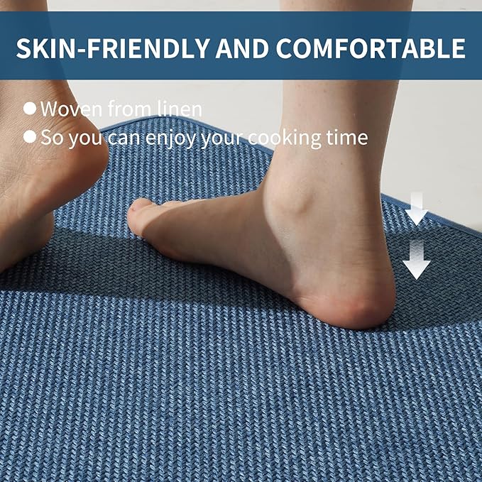 YDKGL Kitchen Mats for Floor, Super Absorbent Kitchen Rugs Non Slip Washable, Soft Imitation Linen Braided Kitchen Runner Rug, Standing Mat Sink Mat, Easy to Clean, Blue 17x59