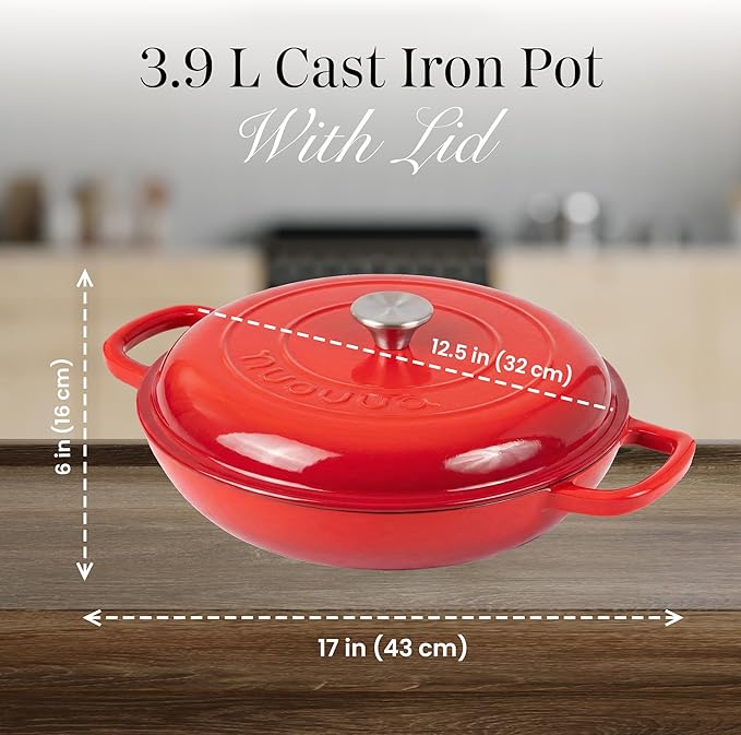 Shallow Cast Iron Casserole with Lid – Non Stick Dutch Oven Pot, Oven Safe up to 500° F – Sturdy Ovenproof Stockpot Cookware – Enamelled Cooking Pot – Red, 5-Quart, 32cm – by Nuovva