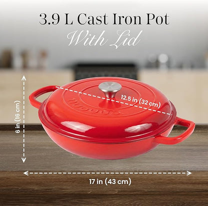 Shallow Cast Iron Casserole with Lid – Non Stick Dutch Oven Pot, Oven Safe up to 500° F – Sturdy Ovenproof Stockpot Cookware – Enamelled Cooking Pot – Red, 5-Quart, 32cm – by Nuovva