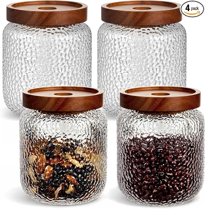 LemonRoad 4 Pack 16 oz Vintage Glass Jars with Lid Decorative Airtight Glass Food Containers Anti Slip Storage Canister for Kitchen Counter Pantry Coffee Nuts Sugar Candy Tea Cookie Spices Oats Cereal