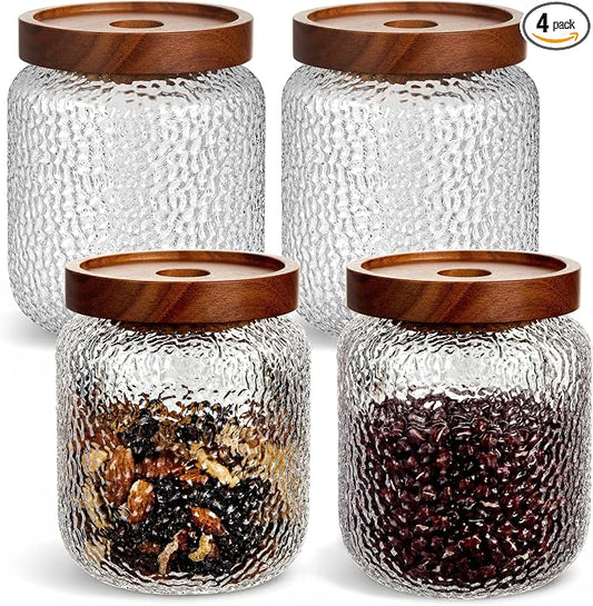 LemonRoad 4 Pack 16 oz Vintage Glass Jars with Lid Decorative Airtight Glass Food Containers Anti Slip Storage Canister for Kitchen Counter Pantry Coffee Nuts Sugar Candy Tea Cookie Spices Oats Cereal