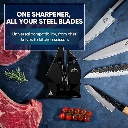 VN3 Professional Knife Sharpener | 3-Action Streamlined Sailboat Design for Effortless Knife Sharpening - The Ultimate Tool for Precision 11 to 21 Degree Angles (Obsidian Color)