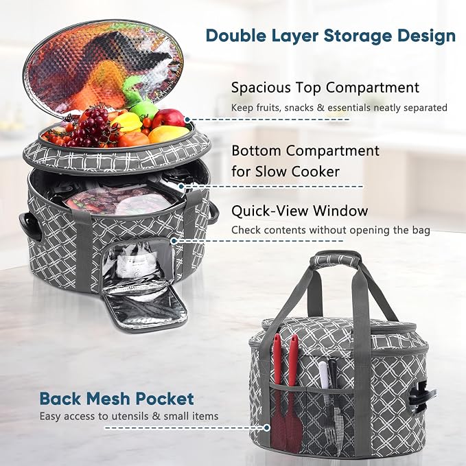 BAGSPRITE Double-layer Slow Cooker Carrying Case for Crock Pot 6-8 Quart, Insulated Crockpot Carrier with Adjustable Lid Straps,Portable Slow Cooker Travel Bag for Potluck, Parties, Family Gatherings