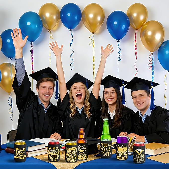 Graduation Can Cooler Sleeves, 18 Pack Black Gold Class of 2026 Neoprene Can Cover 9 Styles of Congrats Grad 12 OZ Drink Beer Soda Beverage for Graduation Party Supplies Gifts