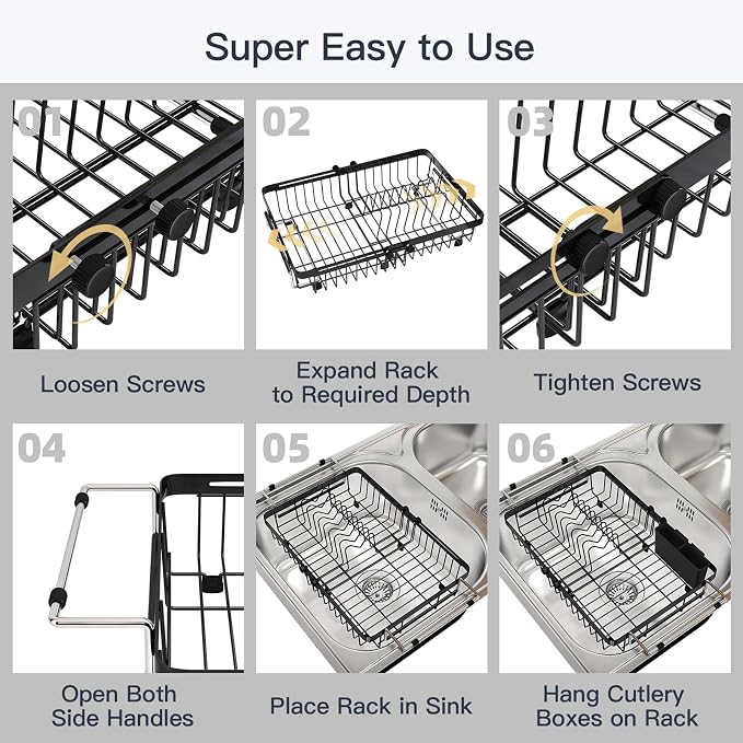 MAJALiS Expandable Stainless Steel Over The Sink Dish Drying Rack for Small Kitchen Counter Space Saving, Compact RV Plate Drainer Strainer in Black Wire Metal with Hanging Adjustable Utensil Holder