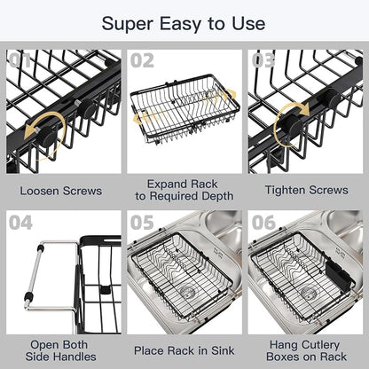 MAJALiS Expandable Stainless Steel Over The Sink Dish Drying Rack for Small Kitchen Counter Space Saving, Compact RV Plate Drainer Strainer in Black Wire Metal with Hanging Adjustable Utensil Holder