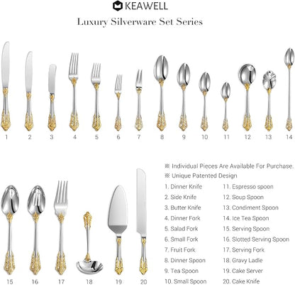KEAWELL Luxury Salad Forks Dessert Forks Set, Set of 4, 18/10 Stainless Steel, 7 Inches, Dishwasher Safe, Mirror Polished, Silverware Fork Set (Gold Accent)