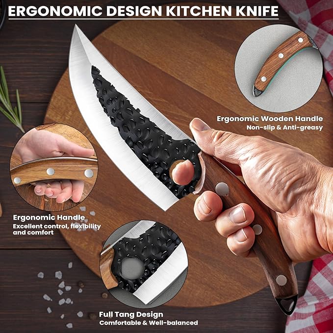 MDHAND Chef Knife - Hand Forged Kitchen Knife, High Carbon Steel Butcher Knife with Ergonomic Wood Handle, Japanese Chef Knives for Camping, Outdoor, BBQ, Gifts for Men