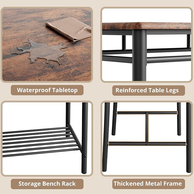 IRONCK Dining Table Set for 4, Kitchen Table with Upholstered Bench and 2 Chairs, Kitchen Table and Chairs Set for Small Space, Apartment, Rustic Brown