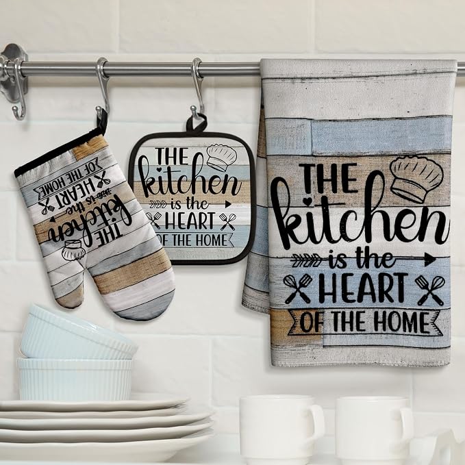 Sratte 6 Pcs Kitchen Decor Accessories Set Farmhouse Towels Pot Holders Oven Mitts Set 2 Dish Towels 2 Potholders 2 Cooking Mittens Oven Glove for Christmas Baking Cooking Supply(Brown Green,Kitchen)