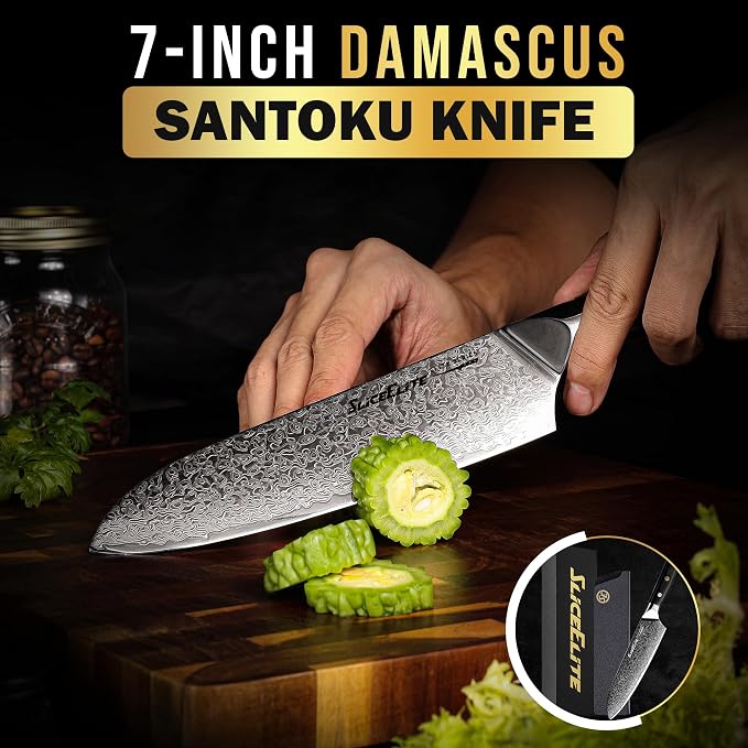 SliceElite Elite Series 7 Inch Santoku Knife VG10 Damascus Steel G10 Handle Dual Protection Cutting Kitchen Tool Sharp Vegetable Meat Chopping BBQ Chef Slicing Cleaver Cooking Camping Butcher Gift