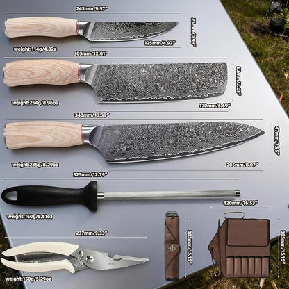KOFERY Hand Forged Damascus Steel Butcher Knife Set with Wood Handles, Sharpener & Shears in Knife Roll for Meat Cutting, BBQ Grilling, Outdoor Camping, Pit Master Gifts for Men
