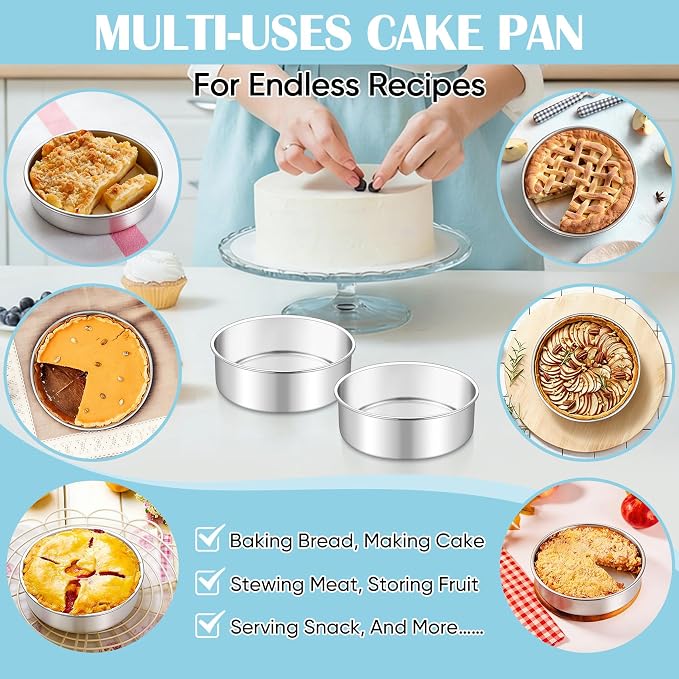 TeamFar 6 Inch Cake Pan, 4 Pcs Round Tier Cake Pans Set Stainless Steel for Baking Steaming Serving, Fit in Oven Pot Air Fryer, Healthy & Heavy Duty, Mirror Finish & Dishwasher Safe