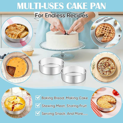 TeamFar 6 Inch Cake Pan, 4 Pcs Round Tier Cake Pans Set Stainless Steel for Baking Steaming Serving, Fit in Oven Pot Air Fryer, Healthy & Heavy Duty, Mirror Finish & Dishwasher Safe