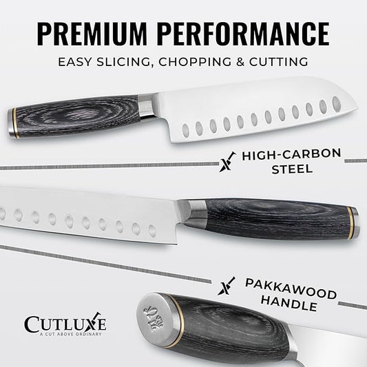 Santoku Knife – Ultra Sharp 5 Inch Meat and Vegetable Japanese Knife for Chopping, High Carbon Stainless Steel Blade, Full Tang Pakkawood Handle – Shinobi Series