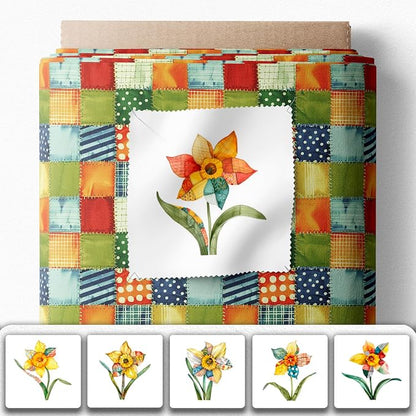 Daffodil Patchwork Cotton Fabric Panel – 6 Designs (10×10 inch Each) + Bonus Patchwork Sheet 29.5×19.6 inch, 100% Cotton 140 GSM
