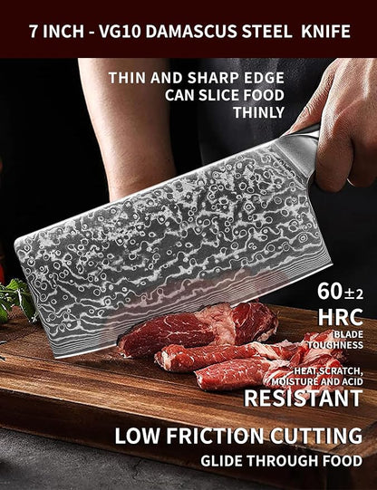 Chinese Chef Knife - 7" Cleaver Knife- Xuan Series - VG10 Damascus Steel Kitchen Knife - Resin Handle (Sunset Red)