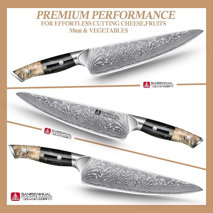 8 inch Japanese Damascus Chef Knife, Damascus Chefs Knife Kitchen Knives for All-Around Food Preparation, Japanese Super Steel Sharp Chef's Knives, Professional Resin Handle Chef Knife
