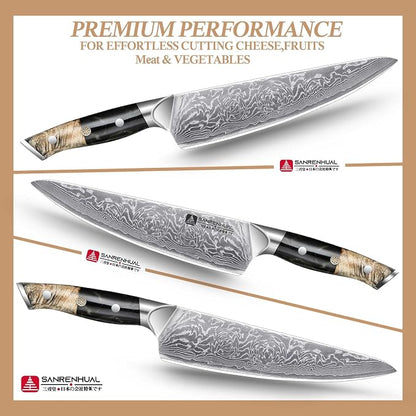 8 inch Japanese Damascus Chef Knife, Damascus Chefs Knife Kitchen Knives for All-Around Food Preparation, Japanese Super Steel Sharp Chef's Knives, Professional Resin Handle Chef Knife
