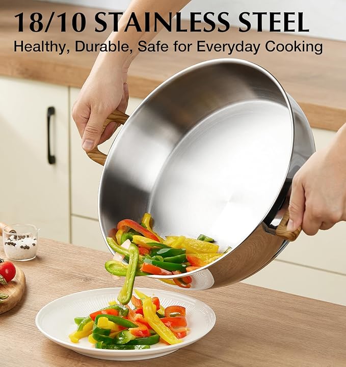 KOCH SYSTEME CS 12 Inch Stainless Steel Saute Pan with Lid, 5.5 Quart Deep Frying Pan with Double Handles, 18/10 Stainless Steel Pan with Cool-Touch Bakelite Handle, Deep Frying Pan, Induction Ready