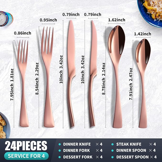 24 Pieces Rose gold Silverware Set with Steak Knives Service for 4,Modern 18/10 Stainless Steel Flatware Cutlery Set,Utensil Set for Home Restaurant Hotel,Mirror Polished,Dishwasher Safe