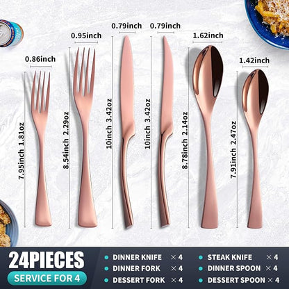 24 Pieces Rose gold Silverware Set with Steak Knives Service for 4,Modern 18/10 Stainless Steel Flatware Cutlery Set,Utensil Set for Home Restaurant Hotel,Mirror Polished,Dishwasher Safe
