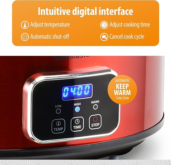 Toastmaster 4-Quart Digital Slow Cooker with Locking Lid - Food Warmer for Dip, Soups, Parties, Meal Preparation & More - Red