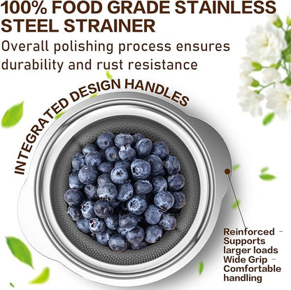 Stainless Steel Strainer with Mixing Bowl, Rice Washer, Colander for Kitchen, Rice Strainer, Fruit and Vegetable Wash, Microporous Colander, Fruit Cleaner Bowl, Dishwasher Safe