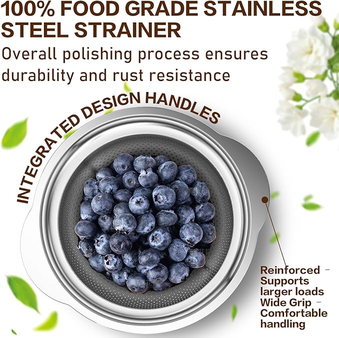Colander, Strainer Bowl, Stainless Steel Colander, Rice Washing Bowl, Pasta Strainer & Vegetable Washer, Kitchen Strainer with Mixing Bowl for Draining, Food Prep, Dishwasher Safe, 5QT