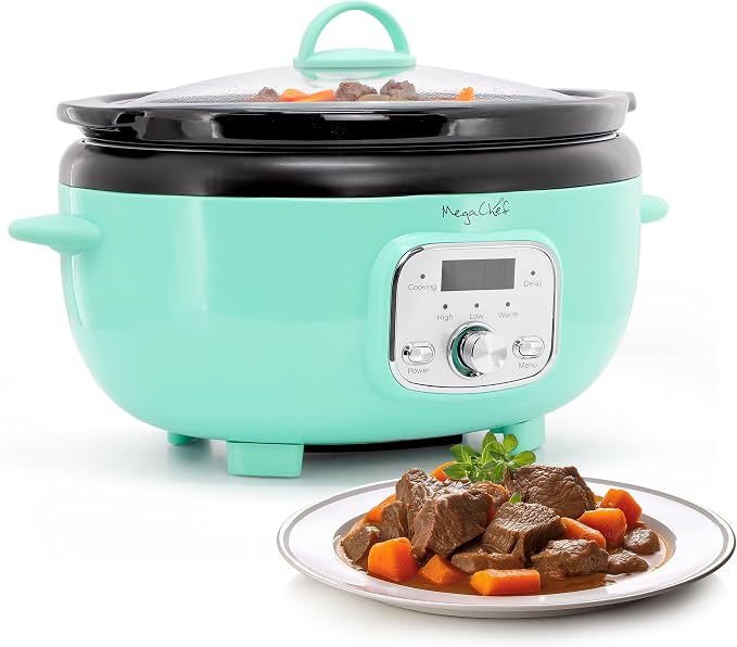 MegaChef 3.7 Quart Oval Electric Digital Slow Cooker with Black Stoneware Crock, Adjustable Timer & Temperature Control, Delay, High, Low & Warm Settings - Versatile Cooking Appliance (Turquoise)