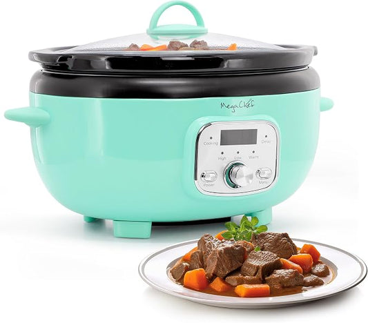 MegaChef 3.7 Quart Oval Electric Digital Slow Cooker with Black Stoneware Crock, Adjustable Timer & Temperature Control, Delay, High, Low & Warm Settings - Versatile Cooking Appliance (Turquoise)