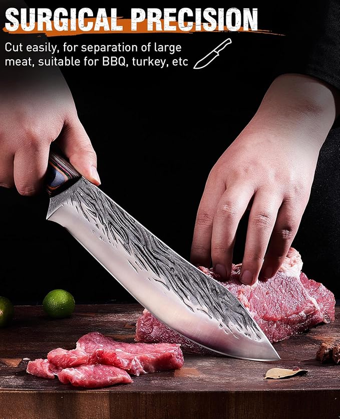 Naitesen 3PCS Hand Forged Butcher Knife Set - 15° Razor Sharp 6.5" Serbian Chef Knife, 8.5" Meat Slicer & 6.5" Boning Knife for Meat Cutting Kitchen Cooking BBQ - Gold-Stamped Gift Box