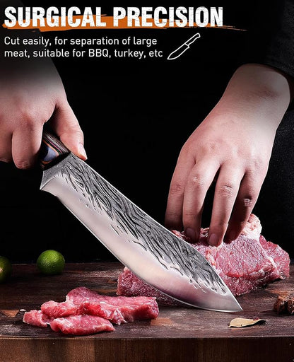 Naitesen 3PCS Hand Forged Butcher Knife Set - 15° Razor Sharp 6.5" Serbian Chef Knife, 8.5" Meat Slicer & 6.5" Boning Knife for Meat Cutting Kitchen Cooking BBQ - Gold-Stamped Gift Box