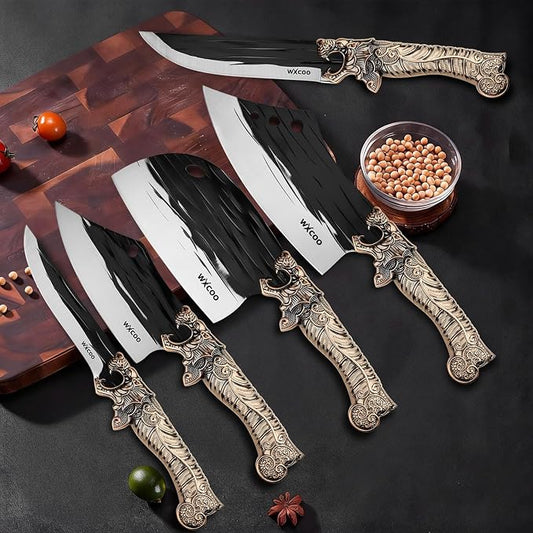 5PCS Butcher Knife Set for Chef, Butchering, Meat Processing, BBQ Cutting and Fillet, High Carbon Steel Hand Forged Knives, Cleaver & Bone Chopper, Dragon Bolster, Wood-Grain Handle - Bronze