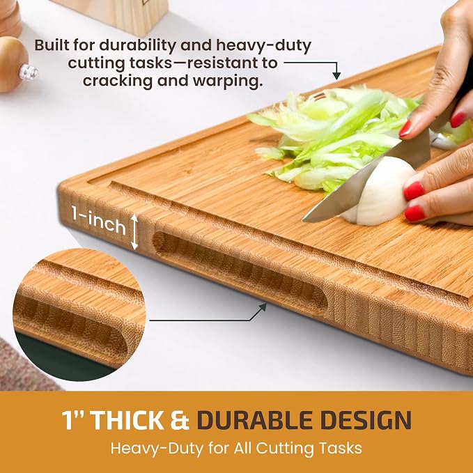 Bambüsi Bamboo Cutting Board (8" x 5") Small Carbonized Wooden Chopping Board with Juice Groove and Side Handles, 0.5" Thick Mini Food Prep and Serving Board