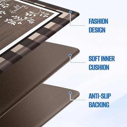 Kitchen Rugs, 2 PCS Kitchen Mats for Floor, Cushioned Non-Slip Anti Fatigue Mats for Kitchen Floor, Kitchen Runner Rugs for Standing Desk, Office, Laundry(17.3’’x 30’’+ 17.3’’x 59’’, Brown