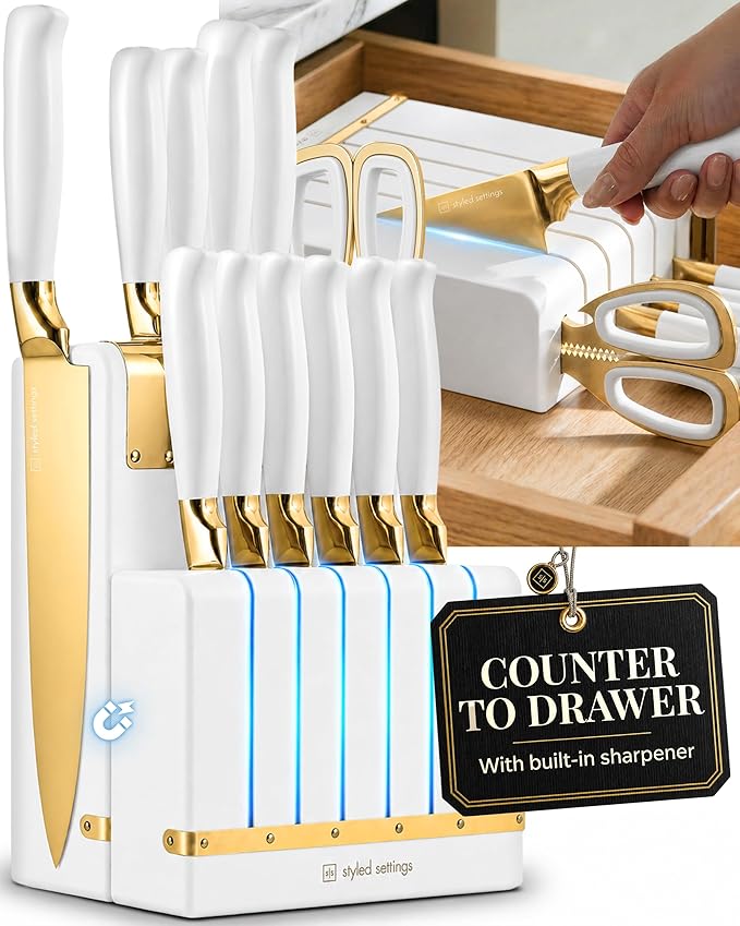White and Gold Knife Set with Magnetic Knife Holder - Space Saving Convertible In Drawer Knife Set with Built In Sharpener, German Stainless Steel Kitchen Knives