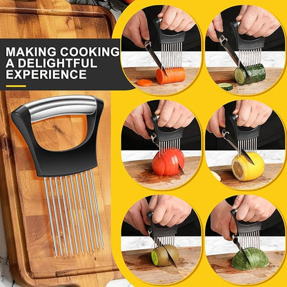 Premium Onion Slicer, Stainless Steel Onion Holder for Slicing, Kiwifruit, Tomatoes, Avocados, Eggs, Lemon, Meat, Potato, Third Generation Onion Cutter with Protective Cover