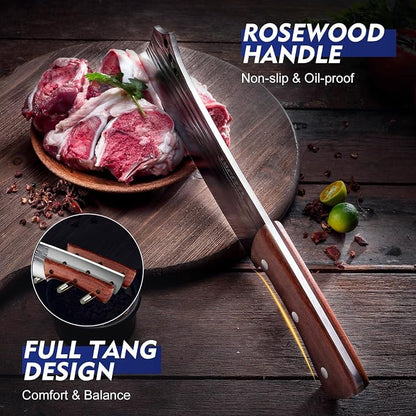 Topfeel 2PCS Meat Cleaver & Heavy Duty Bone Chopper Knife Set, Hand Forged German High Carbon Stainless Steel Butcher Knife for Home Kitchen & Outdoor