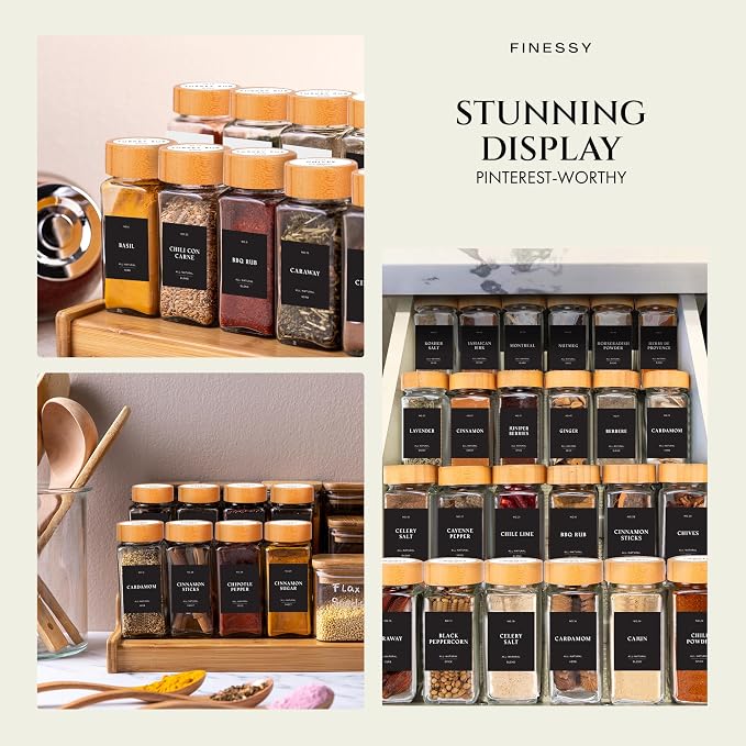Glass Spice Jars with Label with Bamboo Lids 36 Pack Black Labels Set, 4oz Clear Empty Bottles Seasoning Organizer Jars with Shaker Lids, Small Square Airtight Spice Seasoning Containers Herb Storage