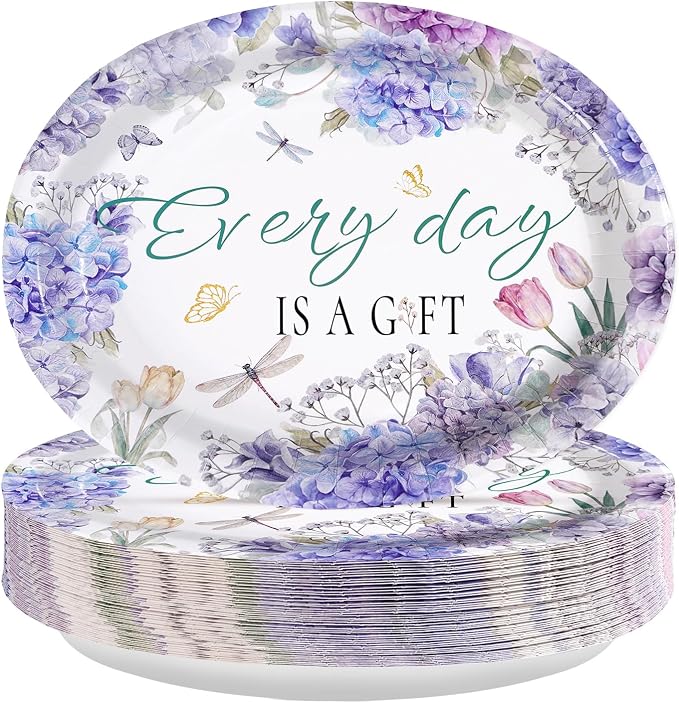 50Pcs Hydrangea Oval Paper Plates 10" x 12" Large Disposable Heavy Duty Purple Floral Dragonfly Paper Platters Every Day Is A Gift Dessert Plates for Wedding Bridal Shower Dinner Party Supplies