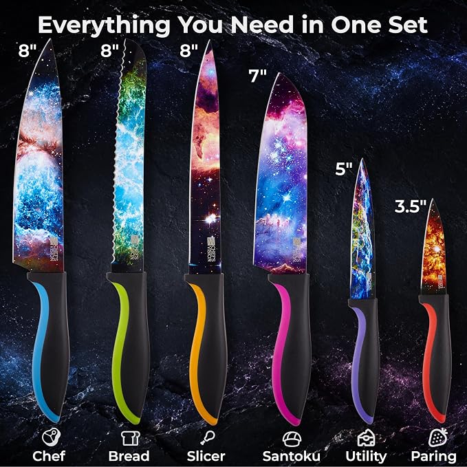 CHEF'S VISION Cosmos Kitchen Knife Set – 6-Piece Stainless Steel Knives with Non-Stick Coating, Dishwasher Safe, Galaxy Design, Unique Gift for Space Lovers