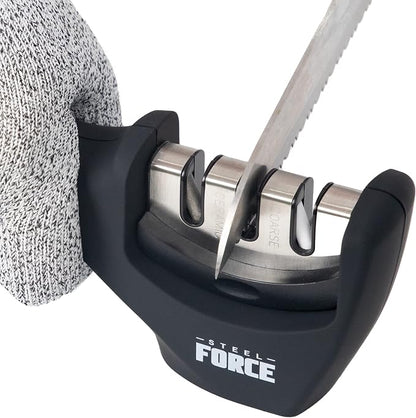 Steel Force KS03 4-in-1 Knife Sharpener with Cut-Resistant Glove Black